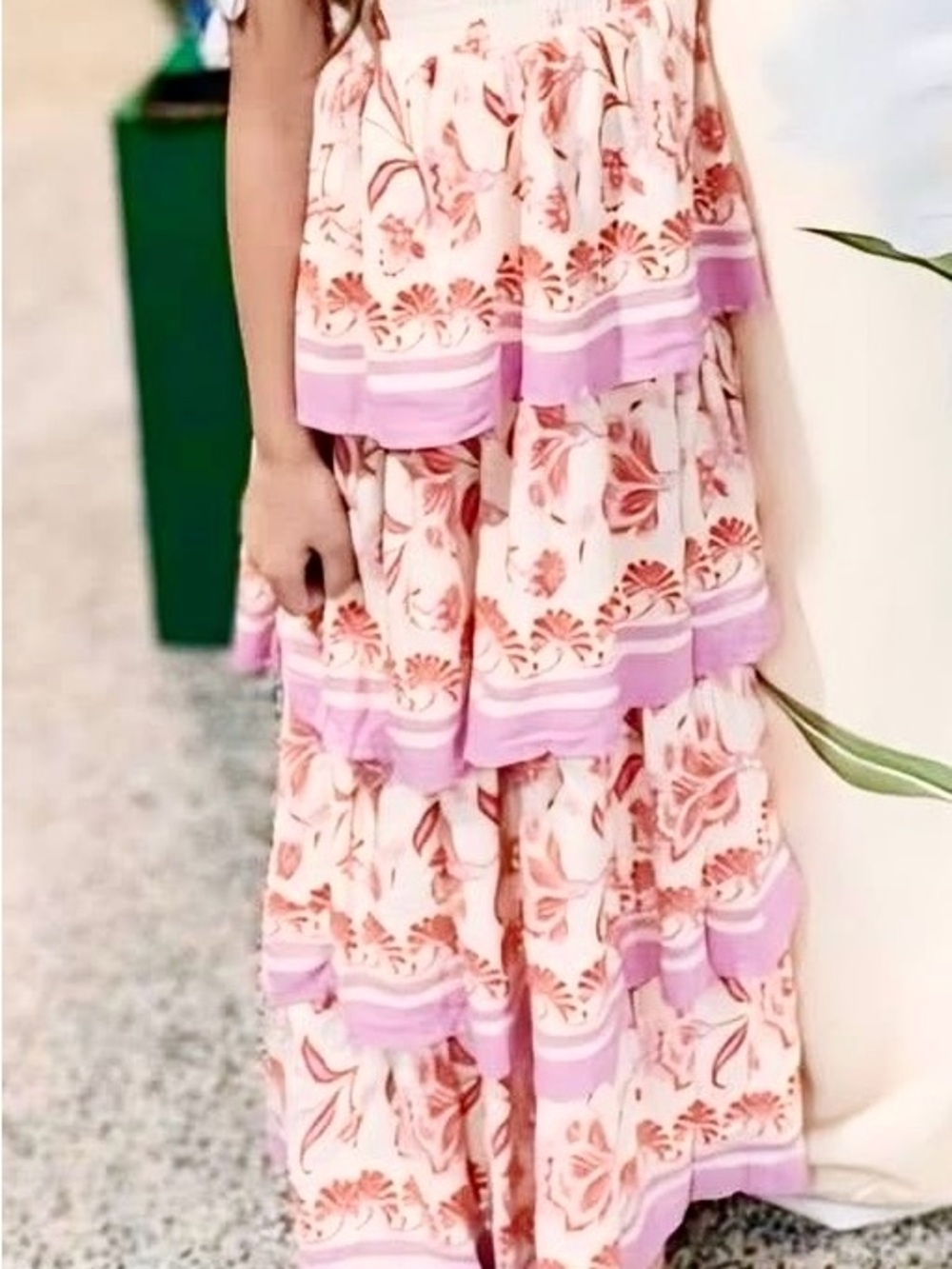 Girls Pink Floral Tiered Maxi Dress with Lavender Trim